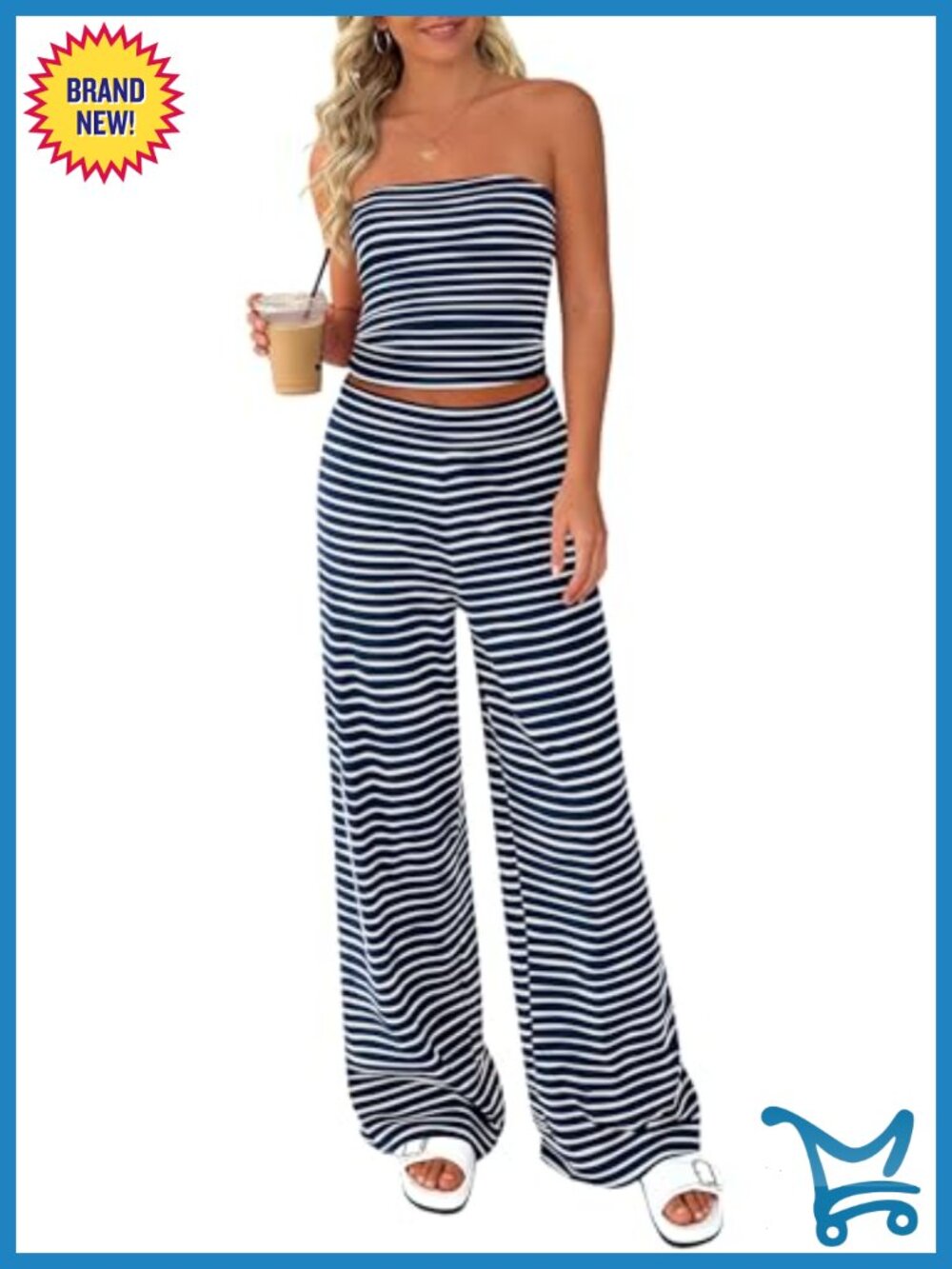 Striped 2 Piece Lounge Set Strapless Crop Top Wide Leg Pants